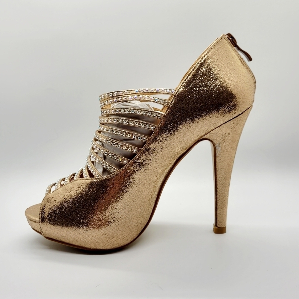 New Champagne Gold Rhinestone Embellished Caged Platform Heel Size 7.5 - Picture 2 of 14